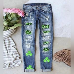 St Patrick Distressed Jeans with Green Clovers Size Medium